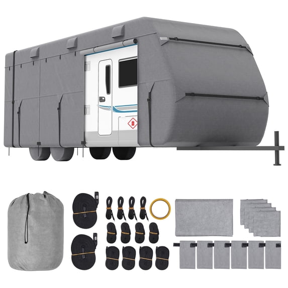 VEVOR Travel Trailer Cover, 18-20 ft RV Cover, 4-Layer Non-Woven Fabric Camper Cover, Waterproof, Windproof and Rip-Stop Class A RV Cover, with Storage Bag, Repair Patches, Straps and Tire Covers