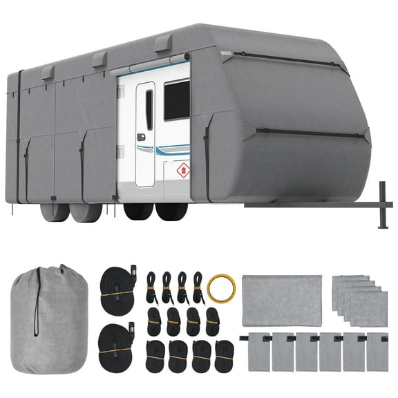 VEVOR Travel Trailer Cover, 24-27 ft RV Cover, 4-Layer Non-Woven Fabric Camper Cover, Waterproof, Windproof and Rip-Stop Class A RV Cover, with Storage Bag, Repair Patches, Straps and Tire Covers