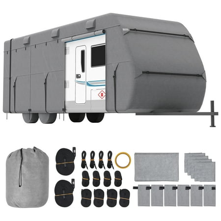 VEVOR Travel Trailer Cover, 27-30 ft RV Cover, 4-Layer Non-Woven Fabric Camper Cover, Waterproof, Windproof and Rip-Stop Class A RV Cover, with Storage Bag, Repair Patches, Straps and Tire Covers