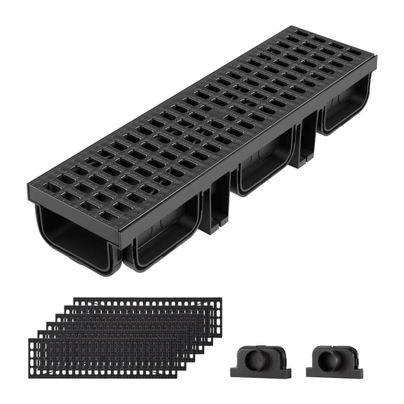 VEVOR Trench Drain, 20.1 x 5.5 x 3.5 in, 6 Pack Linear Drainage Channel, HDPE Channel Drain with Grates & End Caps, Premium Outdoor Drainage System for Driveway, Patio, Pool, Garden, Yard, Black