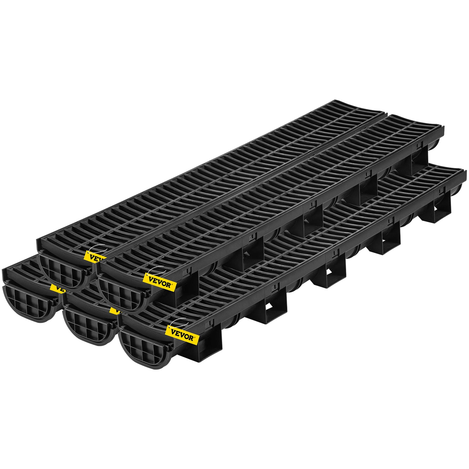 VEVOR Trench Drain System, Channel Drain with Plastic Grate, 5.8x3.1" HDPE Drainage Trench, Black Plastic Garage Floor Drain, 5x39" Trench Drain Grate, With 5 End Caps, For Garden, Driveway-5 Pack