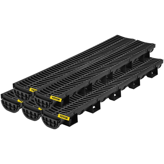 VEVOR Trench Drain System, Channel Drain with Plastic Grate, 5.8x3.1" HDPE Drainage Trench, Black Plastic Garage Floor Drain, 5x39" Trench Drain Grate, With 5 End Caps, For Garden, Driveway-5 Pack