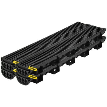 VEVOR Trench Drain System, Channel Drain with Plastic Grate, 5.8x3.1 inch HDPE Drainage Trench, Black Plastic Garage Floor Drain, 4x39" Trench Drain Grate, With 4 End Caps, For Garden, Driveway-4 Pack