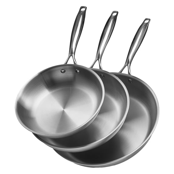 VEVOR Tri-Ply Stainless Steel Frying Pan, 3 Pcs Set (8, 10, 12 in), Cooking Skillet with Heat-Resistant Handle, Chef's Kitchen Cookware, Oven, Gas, Electric, Induction, Dishwasher Compatible, Silver