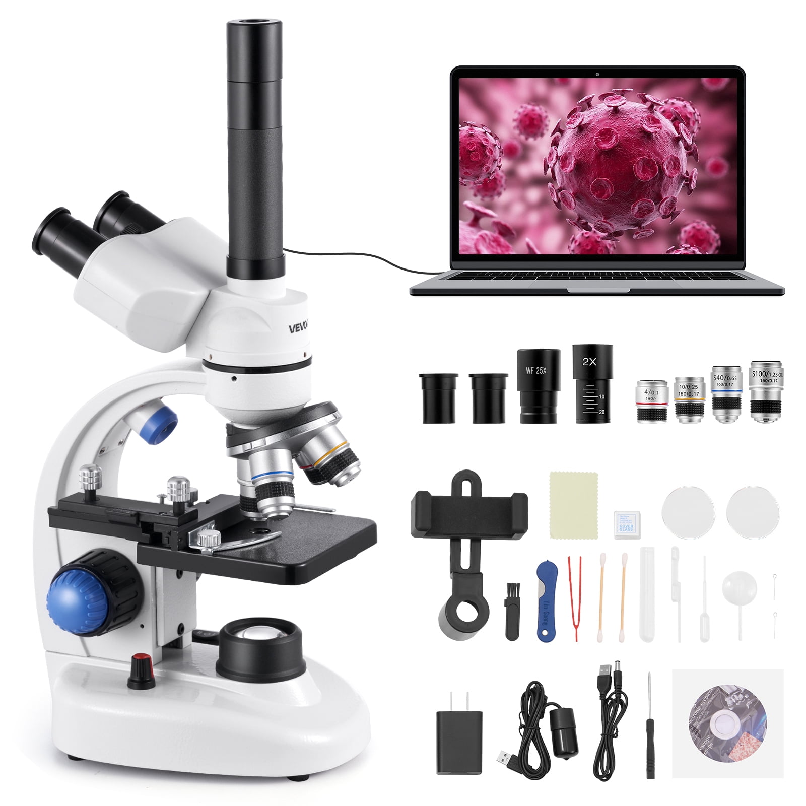 VEVOR Trinocular Microscope, 40-5000X Magnification, Professional Compound Microscope for Adult with Phone Adapter, LED Light, Aluminum Alloy Body, for Lab, School, Home, Education