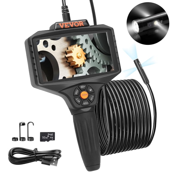 VEVOR Triple Lens Borescope, 5" IPS Screen Inspection Camera with Lights, 8X Zoom 1080P HD Split Screen, 10 LED Lights Scope Endoscope Camera for Automotive, Plumbing(16.5FT Cable, 32GB Card)