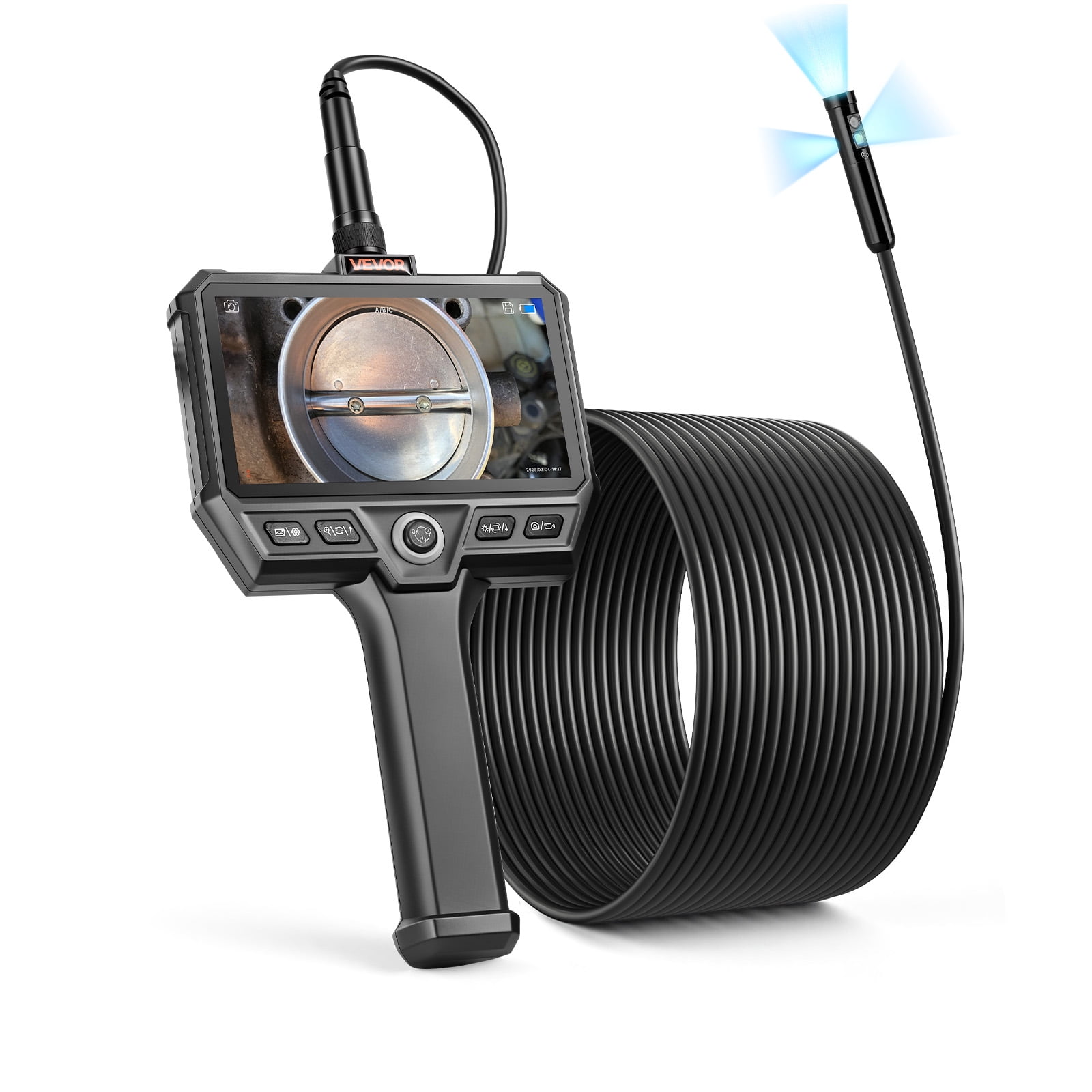 VEVOR Triple Lens Endoscope with 32.8FT Newly Ultra-Rigid Cable, Industrial Borescope with Light, 5" HD IPS Screen, 8 + 2 Lights, 8X Zoom, 5000mAh, IP67 Waterproof Snake Camera for Auto, Plumbing
