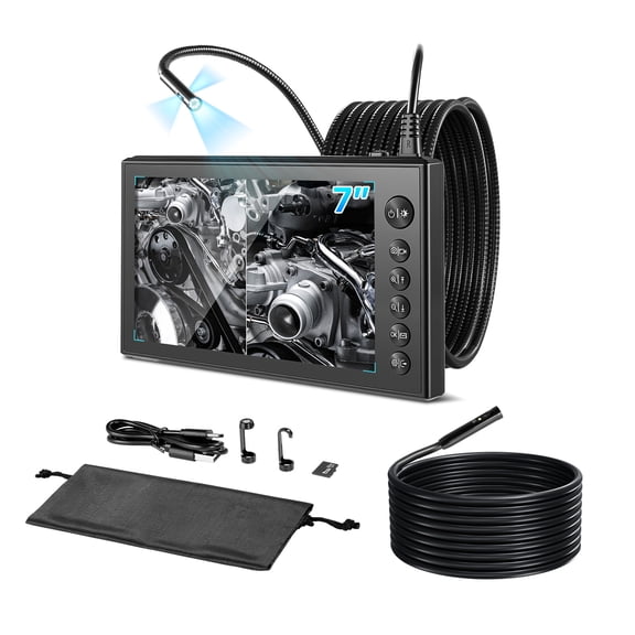VEVOR Triple Lens Endoscope with Dual-Cable Setup, Industrial Borescope with Light, 7" HD IPS Spilt-Screen, 8 + 2 LEDs, 8X Zoom, IP67 Waterproof Snake Camera for Auto, Plumbing(16.4FT + 9.8FT Cables)