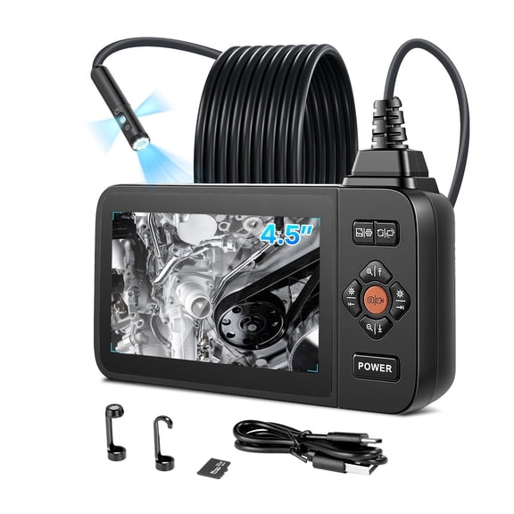 VEVOR Triple Lens Endoscope with Light, 4.5" HD IPS Screen Industrial Borescope Camera, 8 + 2 Lights, 8X Zoom, IP67 Waterproof Inspection Snake Camera for Automotive, Plumbing (16.4FT Rigid Cable)