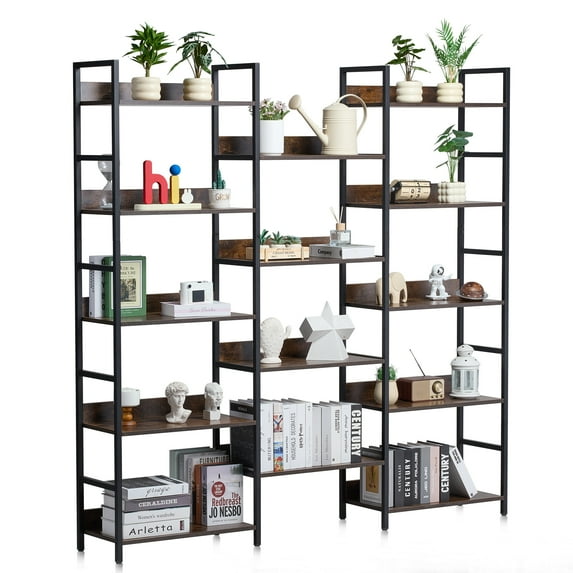 VEVOR Triple Metal Bookshelf, 14-Tier Industrial Bookshelf, Large Rustic Vintage Storage Bookcase with Open Shelves, Freestanding Display Shelving Unit Storage Rack,for Living room,Bedroom & Office