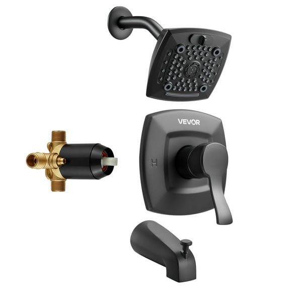 VEVOR Tub and Shower Faucet Set,Complete with 5.1-Inch Rainfall Shower Head and Bathtub Spout, 5-Setting Adjustable Spray, Single-Handle Tub Trim Kit with Brass Pressure Balancing Valve, Matte Black