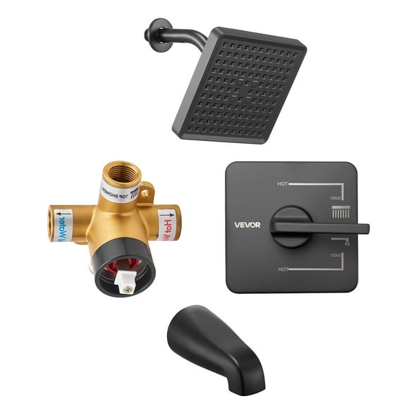 VEVOR Tub and Shower Faucet Set, Complete with 6-Inch Rainfall Shower Head and Bathtub Spout, Single-Spray Single-Handle Tub Trim Kit with 304 Stainless Steel Valve Trim for Bathrooms, Matte Black