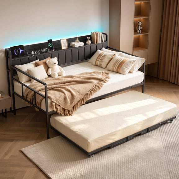 VEVOR Twin Daybed with Pop Up Trundle Bed Frame Charging Station LED Light, for Living Room Bedroom Guest Room, Heavy Duty Sofa Day Bed with Storage Headboard, 4 Casters, Height Adjustable, Black