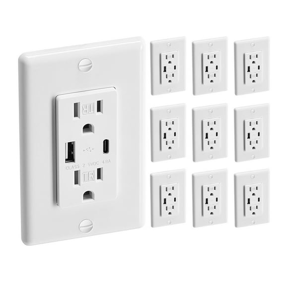 VEVOR USB Wall Outlet, 24 W 15A Tamper Resistant Electrical Outlet with 1 Type C & 1 Type A Ports, 2 Three-prong AC Outlets, Screwless Wall Plate Incl