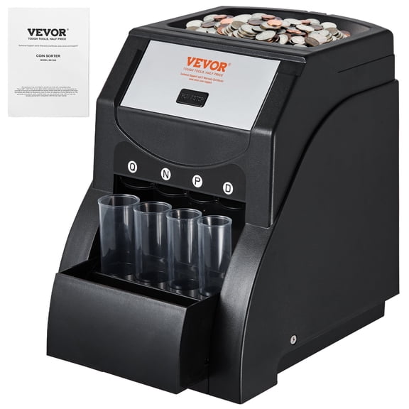 VEVOR USD Coin Sorter, Coin Sorter Machine for USD Coin 1￠ 5￠ 10￠ 25￠, Sorts up to 230 Coins/min, Coin Sorter and Wrapper Machine Holds 200 Coins Included 4 Coin Tubes, Black