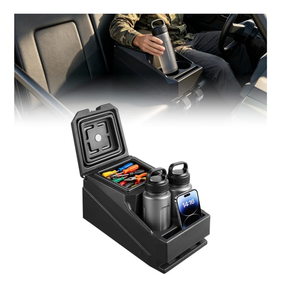 VEVOR UTV Center Console Bench Seat Box Lockable Armrest Storage Box, HDPE Central Console Tools Organizer with Cups and Phone Holder - Compatible with Polaris Ranger & 2017-2026 Can-Am Defender