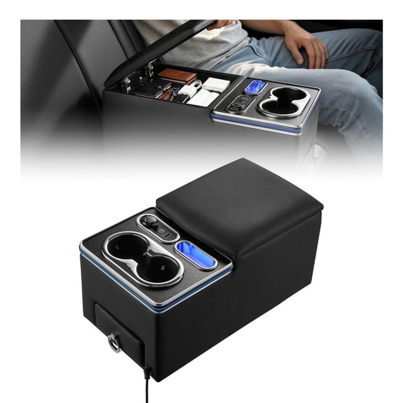 VEVOR Universal Rear Bench Seat Center Console with 7-Color Ambient Lights, USB/Type-C/Cigarette Lighter Charging, Back Seat Central Console Organizer with Cup & Phone Holders for MPV, Sedan, SUV