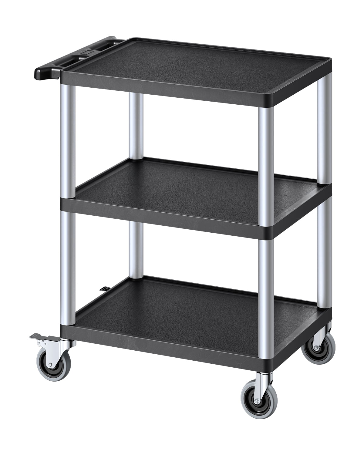 VEVOR Utility Cart, 300 lbs Load Capacity, 27.6 x 18.1-inch Service Cart, Three-Shelf Heavy Duty Plastic Utility Cart with 360° Swivel Wheels (2 with Brakes), Suitable for Warehouse, Garage