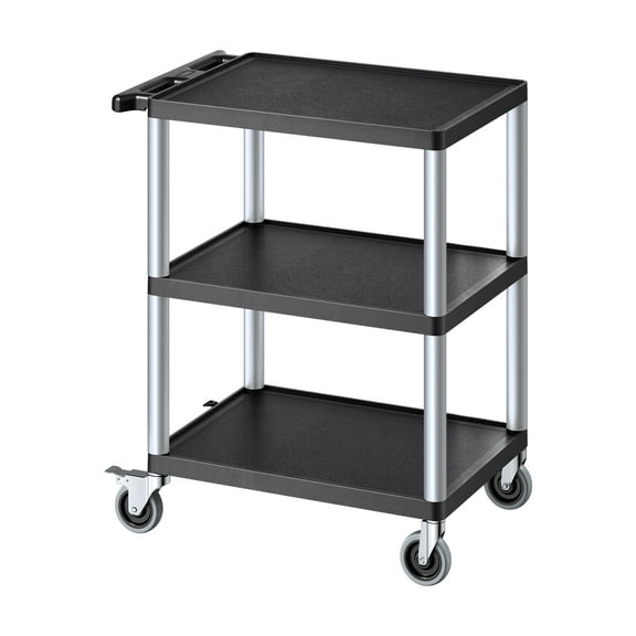 VEVOR Utility Cart, 300 lbs Load Capacity, 27.6 x 18.1-inch Service Cart, Three-Shelf Heavy Duty Plastic Utility Cart with 360° Swivel Wheels (2 with Brakes), Suitable for Warehouse, Garage