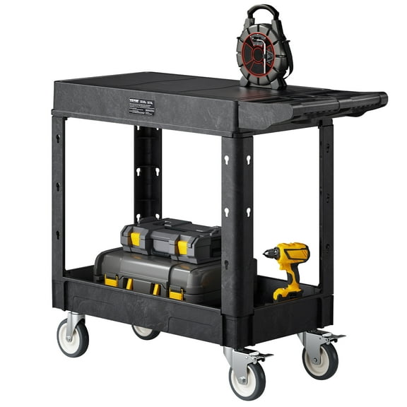 VEVOR Utility Cart, 550 lbs Load Capacity, 31.3 x 17.7-inch Service Cart, Two-Shelf Heavy Duty Plastic Utility Cart with 360° Swivel Wheels (2 with Brakes), Suitable for Warehouse, Garage, Cleaning