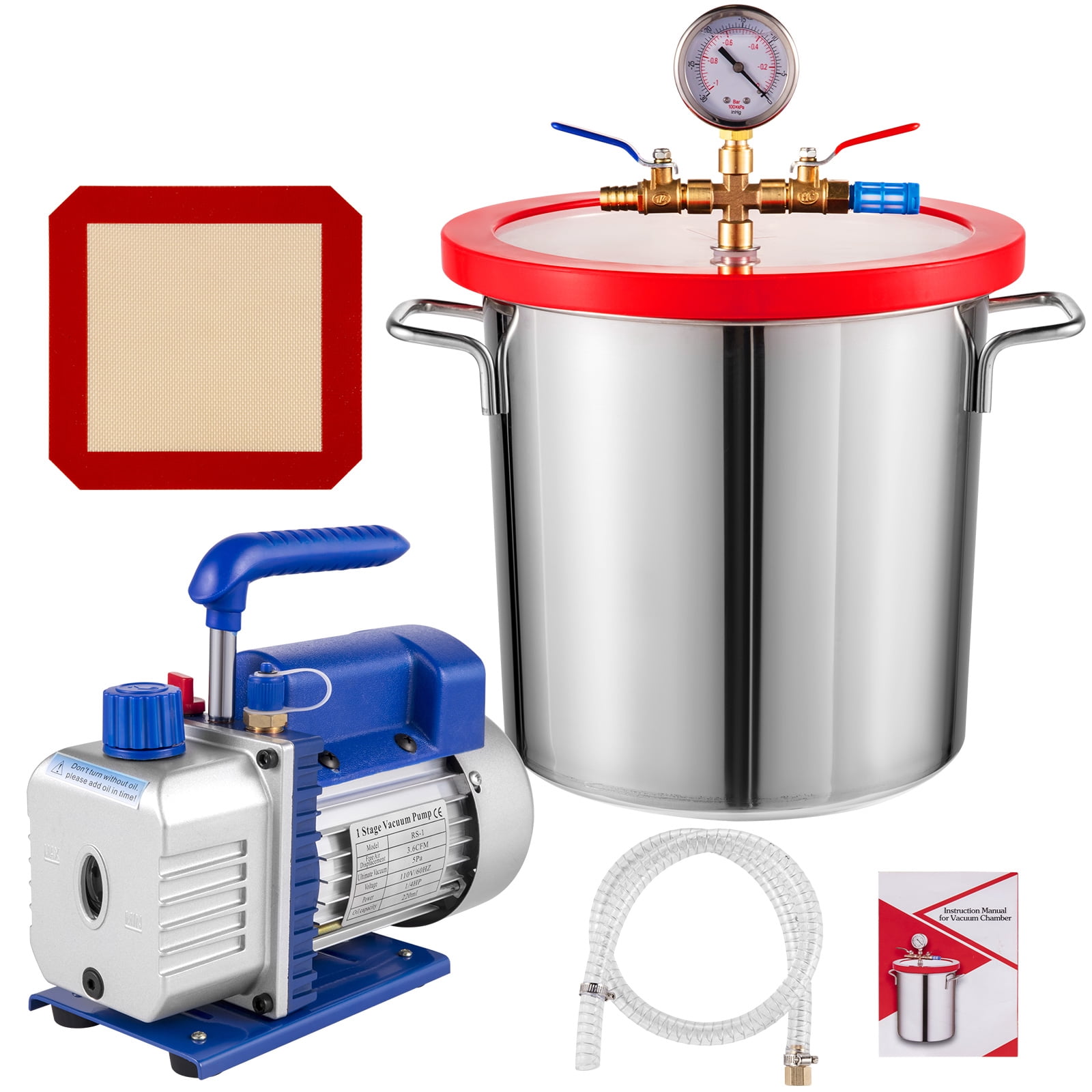 VEVOR Vacuum Pump 3.6CFM 1/4hp Dual Stages HVAC A/C Refrigeration Kit 5PA Ultimate Vacuum Manifold Gauge Set Including 3 gallons Vacuum Chamber, Manifold Gauge and Hose for Air Conditioning Systems
