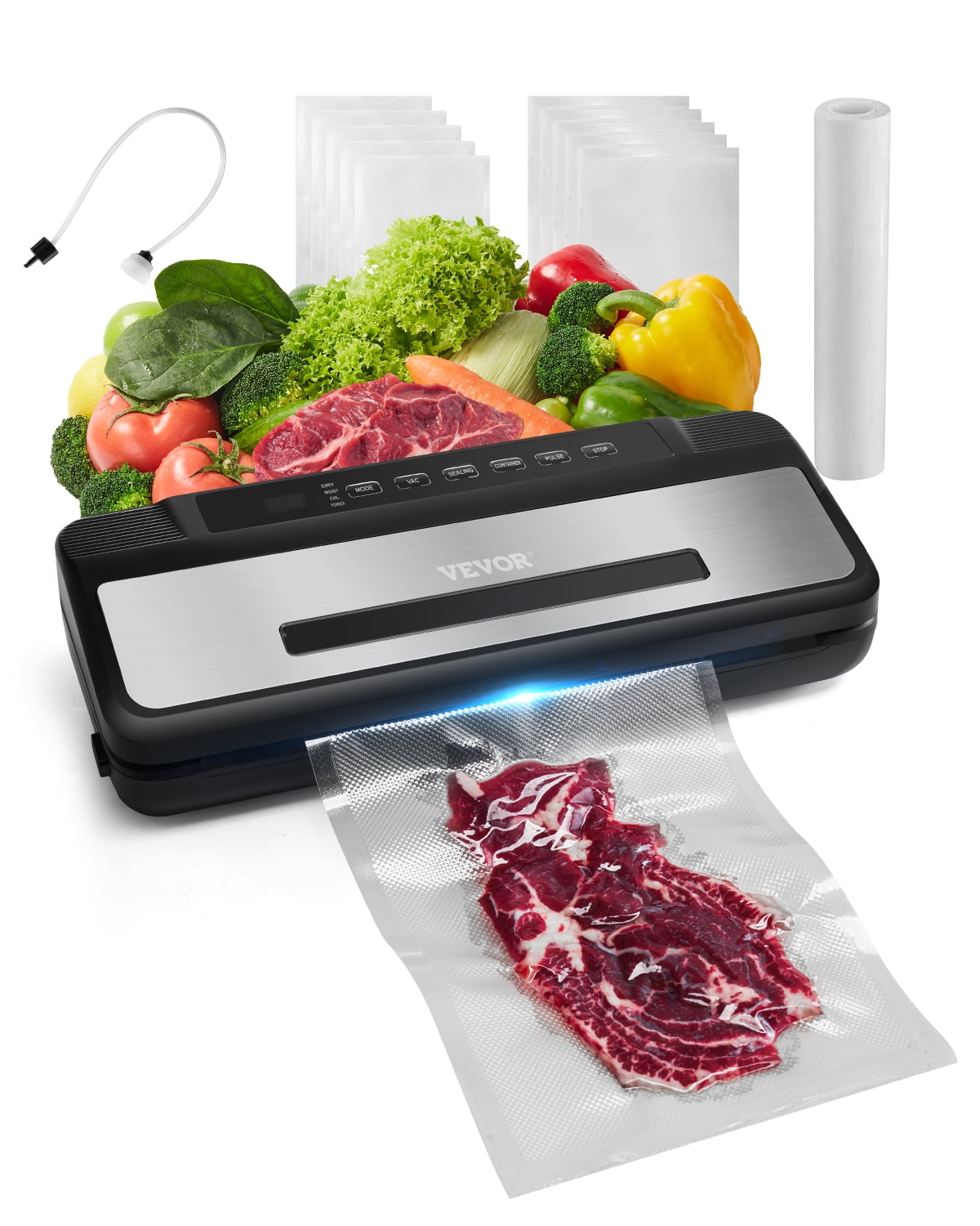 VEVOR Vacuum Sealer Machine, 80Kpa 120W Powerful Compact Food Sealer, 7-in-1 Multi-Functional Food Vacuum Sealer, Automatic Air Sealing System with Built-in Cutter with 10 Vacuum Bags & 1 Bag Roll