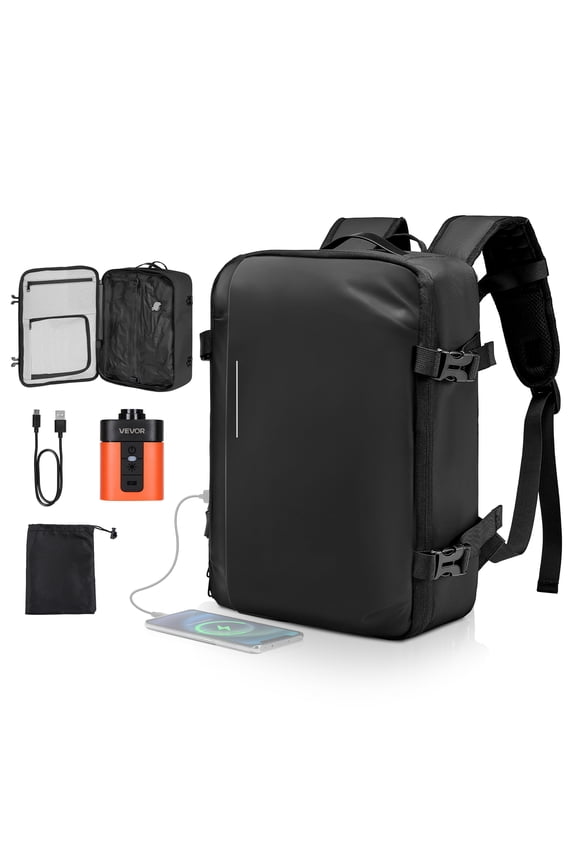 Vacuum Travel Backpack, 35L, Vacuum Seal Compression Travel Backpack with Air Pump, Multiple Pockets & Compartments, Water-Resistant Carry-On Suitcase Luggage, Casual Personal Item Bag, Black