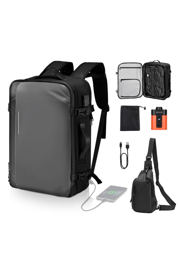 Vacuum Travel Backpack, 65L, Expandable Vacuum Seal Compression Travel Backpack with Pump, with TSA-Approved Lock, Airback Vacpack, Water-Resistant Carry-On Suitcase Luggage, for Business, Gray