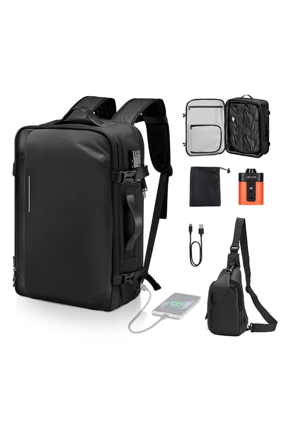 Vacuum Travel Backpack, 65L, Expandable Vacuum Seal Compression Travel Backpack with Pump, with TSA-Approved Lock, Airback Vacpack, Water-Resistant Carry-On Suitcase Luggage,for Business, Black