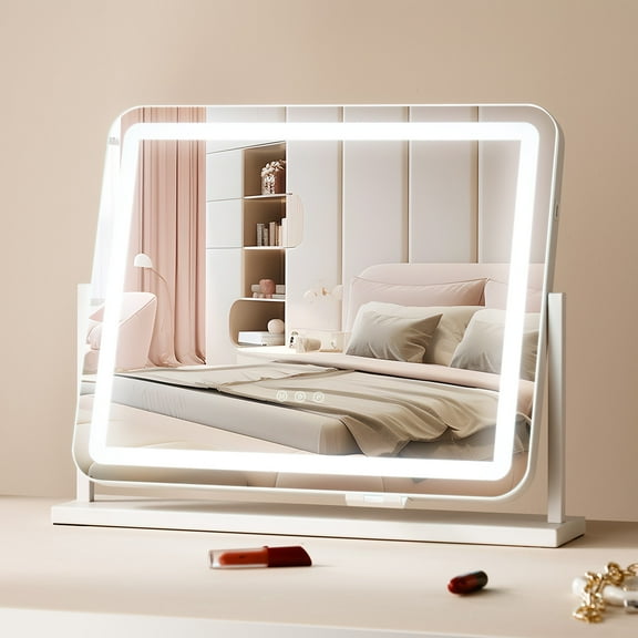 VEVOR Vanity Mirror with Lights, Three Color Lighting Modes, Lighted Makeup LED Mirror, and 5X Magnification,USB Port, Smart Touch Control, 360Rotation (21.7x17.7 in, White)