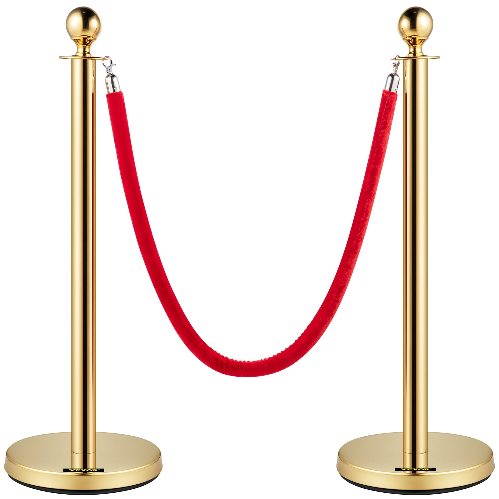 VEVOR Velvet Ropes and Posts, 5 ft/1.5 M Red Rope, Stainless Steel Gold Stanchion with Ball Top, Red Crowd Control Barrier used for Theaters, Party
