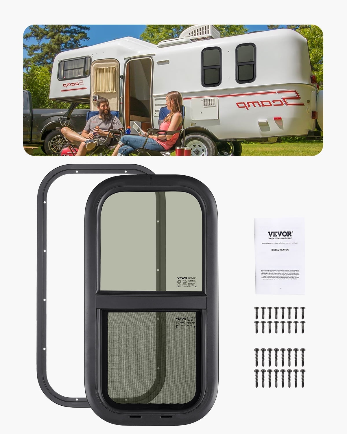 VEVOR Vertical RV Window, 12" W x 24" H Tinted Sliding RV Window with Net Screen & Trim Ring, Fit 15/16" - 1 3/4" Thickness Wall,RV Window Replacement for Teardrop Cargo Trailer Camper,DOT Approved