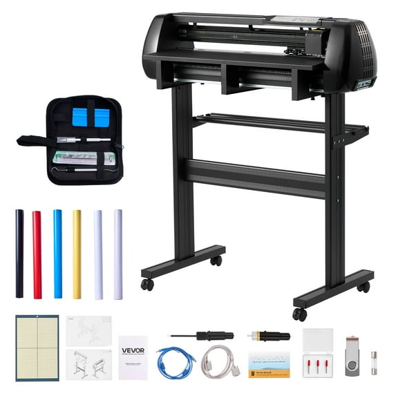 VEVOR Vinyl Cutter Machine, 28 inch Max Feed Width, Dual Blades, Adjustable Force and Speed, LED Display, Vinyl Plotter Cutter Printer Bundle with Sticker Sheets, Transfer Film, Signmaster Software