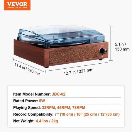 VEVOR Vinyl Record Player, 3-Speed, Belt Driven Turntable Player with Built-in 5W Stereo Speakers Magnetic Cartridge, Support 33/45/78 RPM Bluetooth Aux in RCA Output, for 7/10 /12 in Vinyl Records