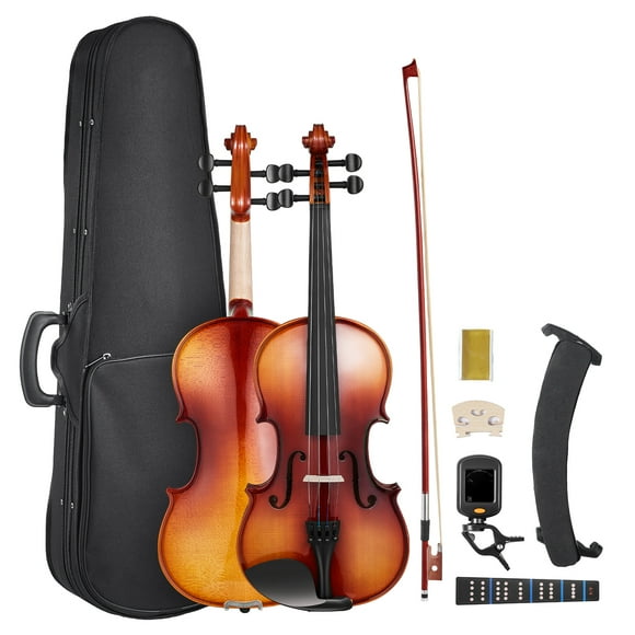 VEVOR Violin 4/4 Full Size for Adults, Violin Fiddle Set for Beginners Student with Hard Case,Rosin, Bow,Shoulder Rest,Bridge,Extra Strings,Professional Solidwood Instrument (Glossy Brown)
