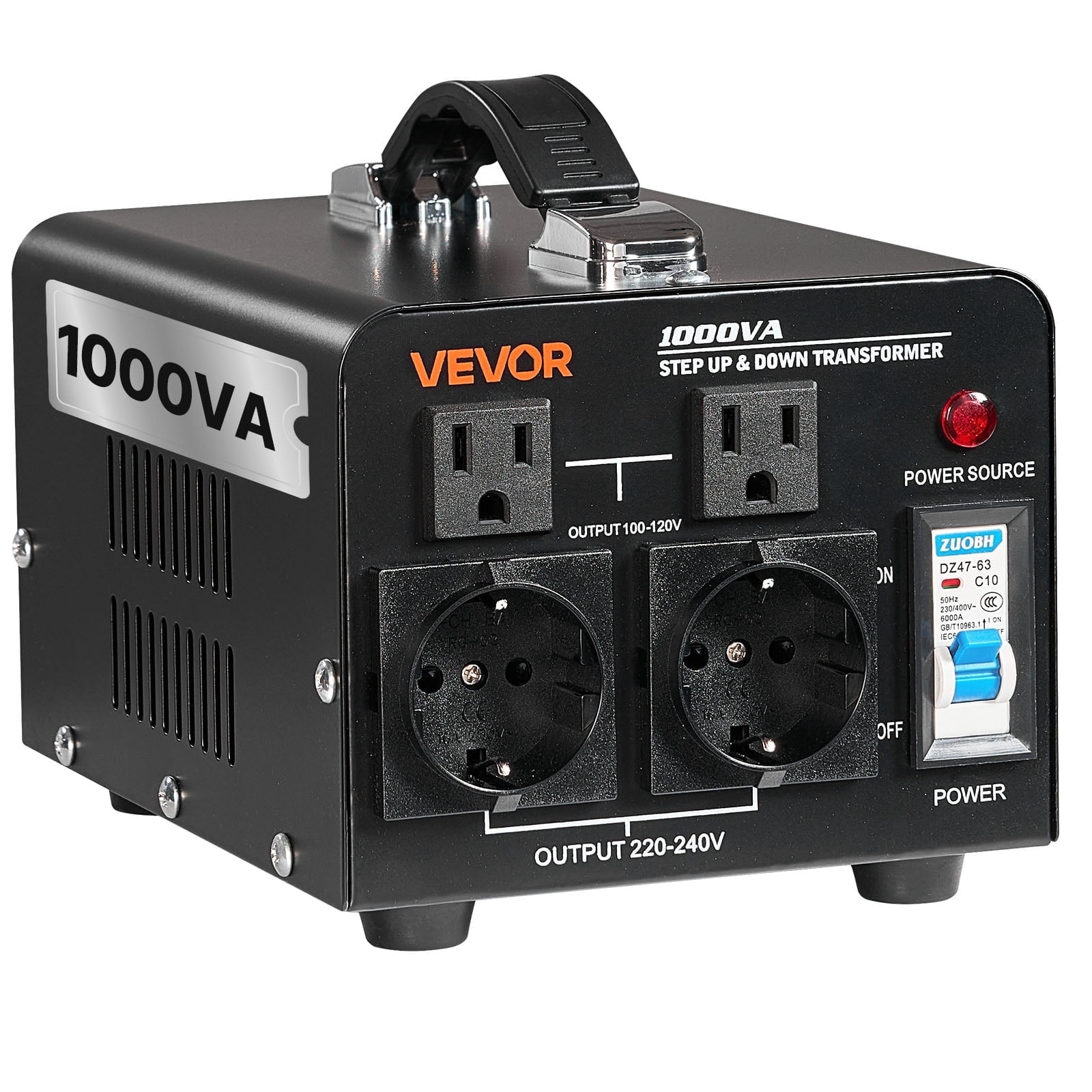 VEVOR Voltage Converter Transformer, 1000W, Heavy Duty Step Up/Down Power Transformer, Convert from 110V to 220V and 220V to 110V, with US Outlets, EU Outlets,Power Cord,Circuit Breaker Protection