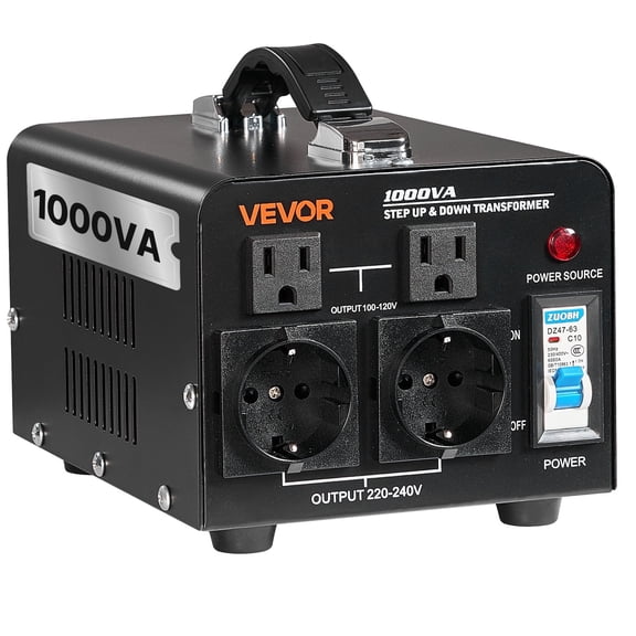 VEVOR Voltage Converter Transformer, 1000W, Heavy Duty Step Up/Down Power Transformer, Convert from 110V to 220V and 220V to 110V, with US Outlets, EU Outlets,Power Cord,Circuit Breaker Protection