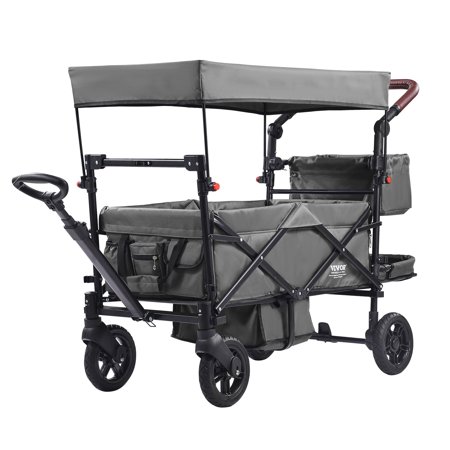 VEVOR Wagon Stroller for 2 Kids,Push Pull Quad Collapsible Stroller with Adjustable Handle, Encircling Harness Removable Canopy, 4 Wheels w/ Brakes, Mutifunction Tandem Stroller for Camping Dark Grey