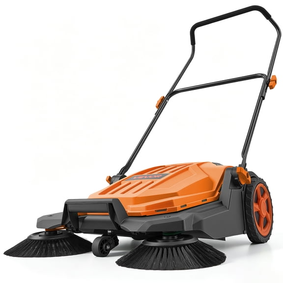 VEVOR Walk-Behind Hand Push Floor Sweeper, Manual Floor Sweeper Non-Electric with 25.6" Sweeping Width,5 Gallons Waste Container & Adjustable Folding Handle for Yards Walkways Patios Garages - Orange