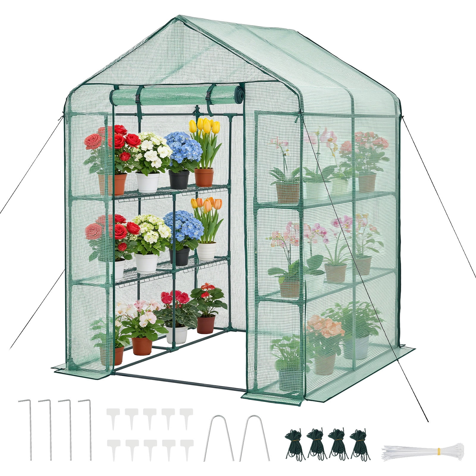 VEVOR Walk-in Greenhouse, 55.5" x 56.1" x 78.7" Greenhouse for Outdoors with PE Cover, 2 Tiers 8 Shelves, Roll-Up Zipper Door, Walk in Green House,Portable Plant Garden Hot House for Backyard Outside