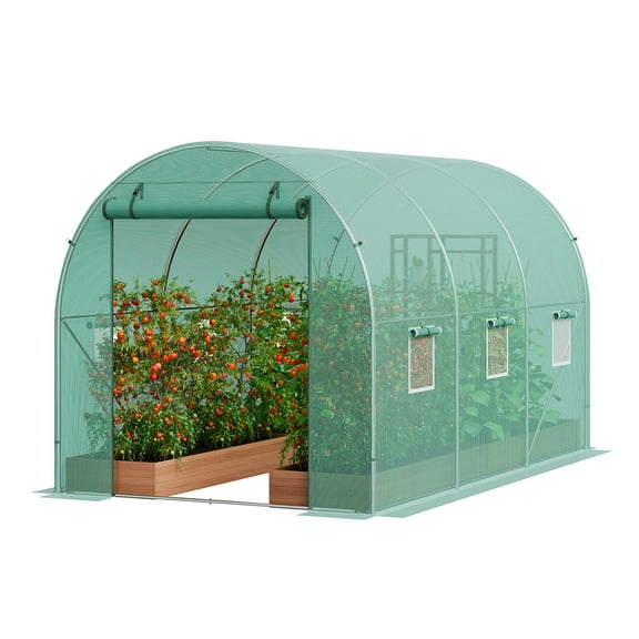 VEVOR Walk-in Tunnel Greenhouse, 11.3x6.4x6.3 ft Hoop House Greenhouse Tunnel, Plant Hot House with Galvanized Steel Frame, Green PE Cover, Roll-up Zipper Door and 6 Windows for Outdoor