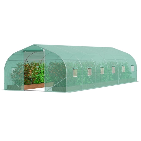 VEVOR Walk-in Tunnel Greenhouse, 29.5x9.8x6.6 ft Hoop House Greenhouse Tunnel, Peaked Roof Plant Hot House with Galvanized Steel Frame, Green PE Cover, Roll-up Zipper Door and 12 Windows for Outdoor