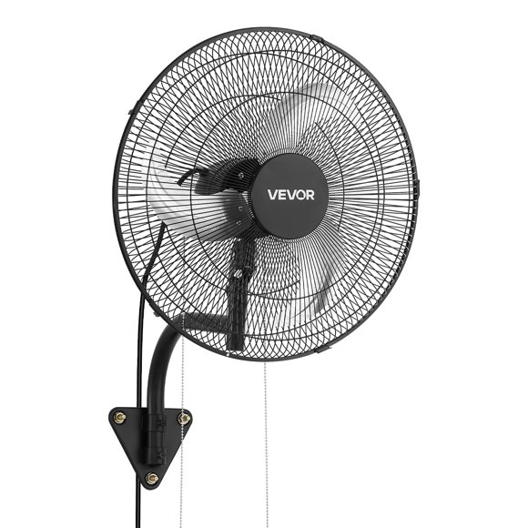VEVOR Wall Mount Fan, 18 in Wall Mounted Hanging Fan Oscillating, 3-Speed, Long Airflow Distance, Adjustable Rotation Angle, Mechanical Powerful for Industry, Commercial, Garage, Workshop, Gym, Black