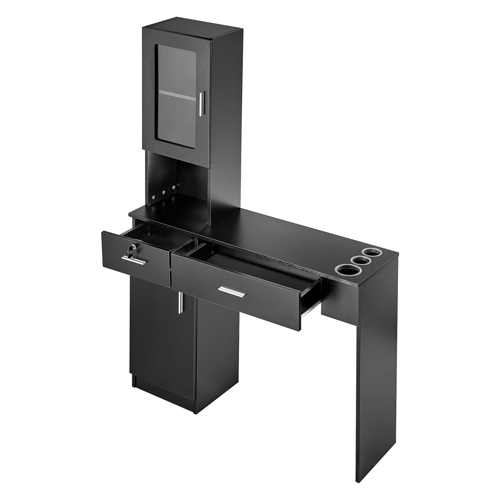 VEVOR Wall Mount Salon Station - Hair Stylist Workstation with Storage Cabinet, 3 Cubbies, and 2 Drawers (One Lockable) - Black Beauty Spa Furniture Set