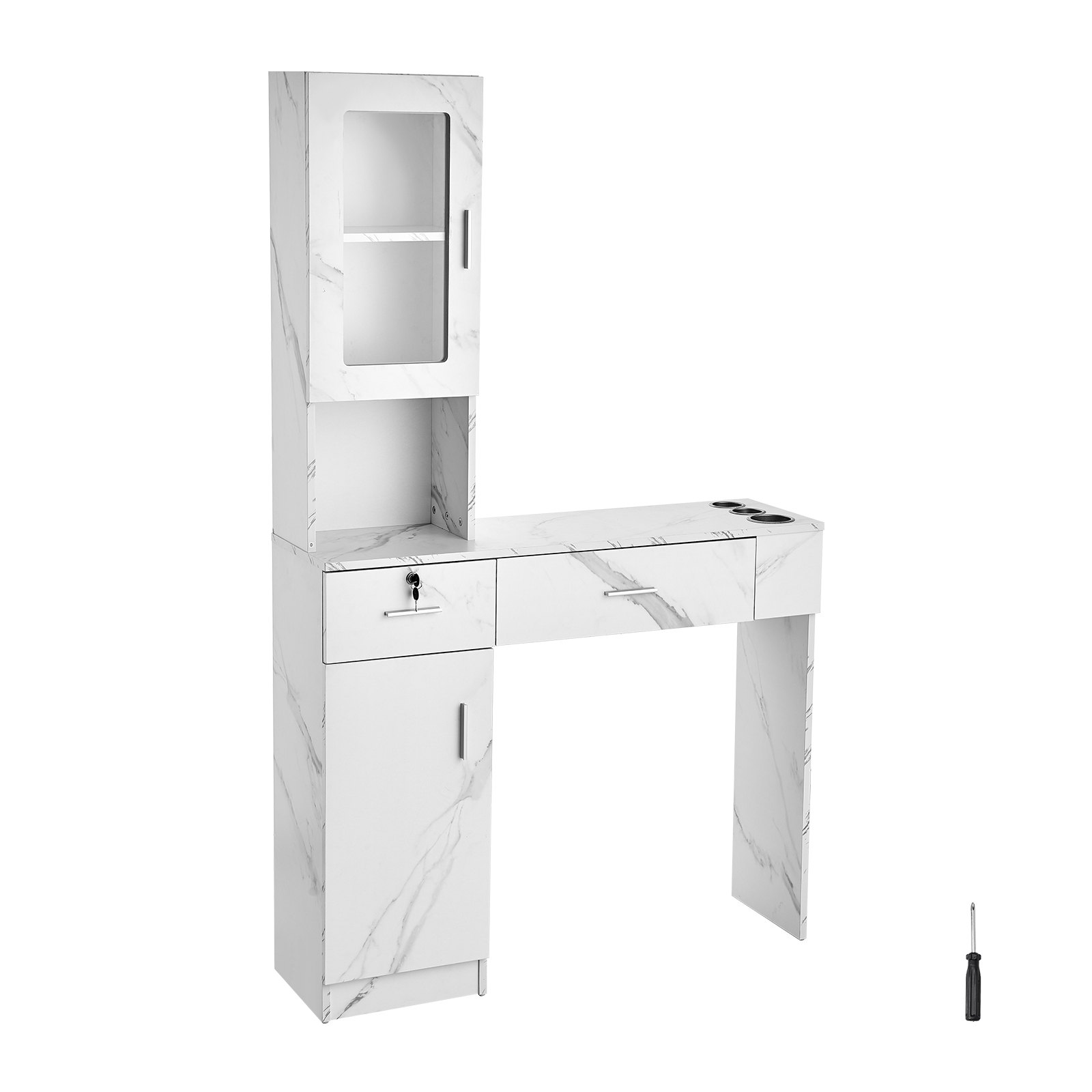 VEVOR Wall Mount Salon Station - White Barber Station with 1 Storage Cabinet, 3 Cubbies, 2 Drawers (1 Lockable), for Hair Stylist and Spa