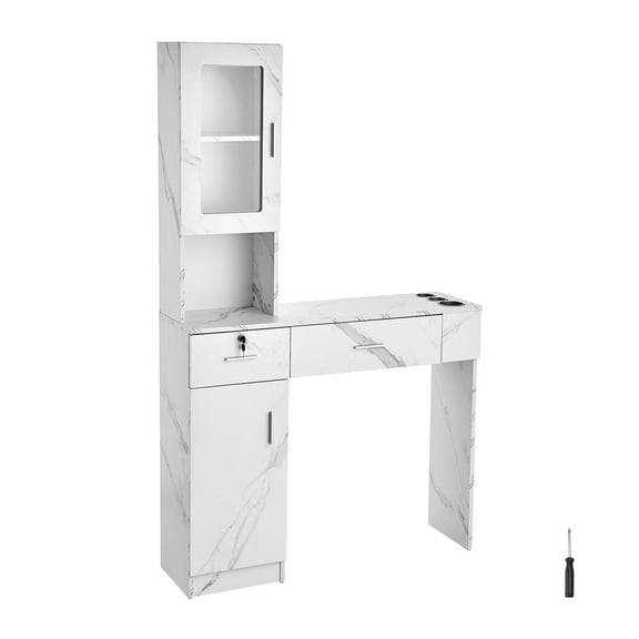 VEVOR Wall Mount Salon Station - White Barber Station with 1 Storage Cabinet, 3 Cubbies, 2 Drawers (1 Lockable), for Hair Stylist and Spa
