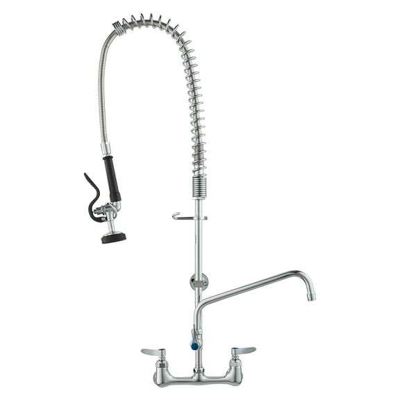 VEVOR Wall-Mounted Brass Kitchen Faucet, 36" Tall, 8" Installation Width, Includes 12" Rotating Spout and Pull-Down Sprayer, Suitable for Single, Double, or Triple Sinks