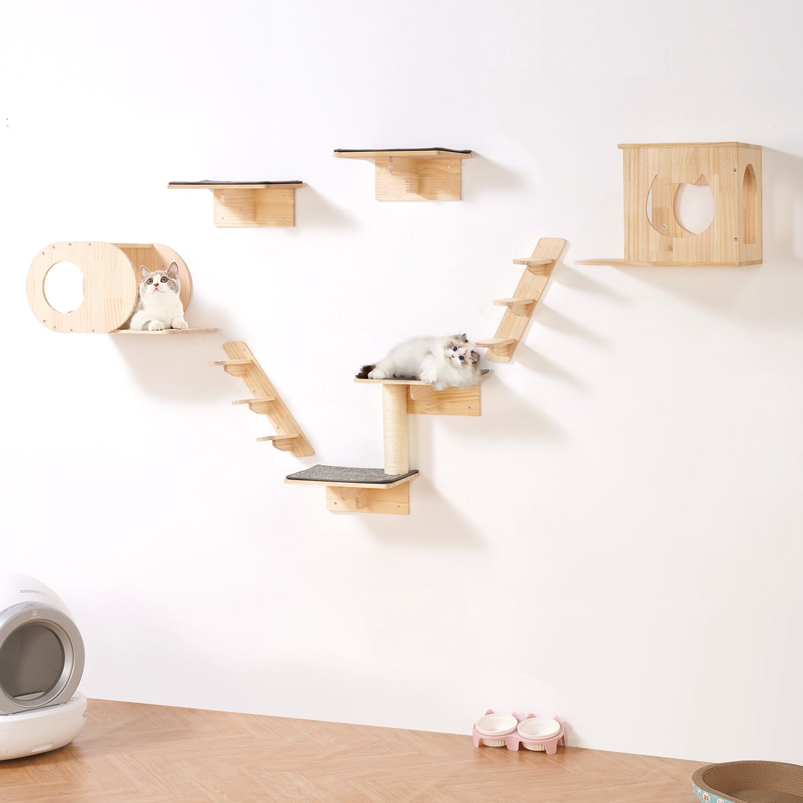VEVOR Wall Mounted Cat Shelves, Cat Wall Shelves and Perches with Jumping Boards, Cat Beds, Hammocks & Cat Tree, Cat Furniture and Shelves up to 40 lbs for Sleeping, Playing, Climbing, Set of 7