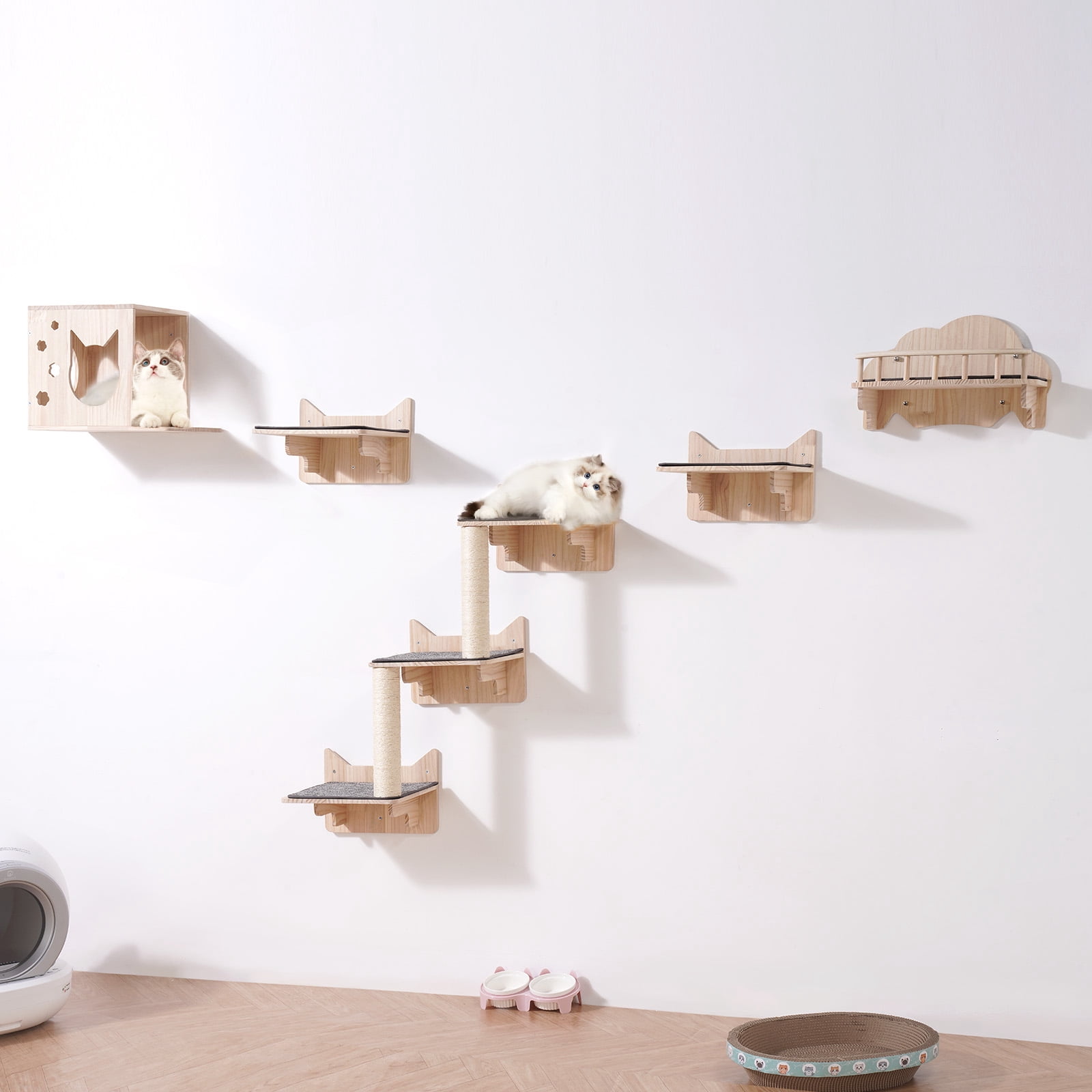VEVOR Wall Mounted Cat Shelves, Cat Wall Shelves and Perches with Jumping Boards, Nest, Barrier Board & Cat Tree, Cat Floating Furniture up to 40 lbs for Sleeping, Playing, Climbing, Set of 5