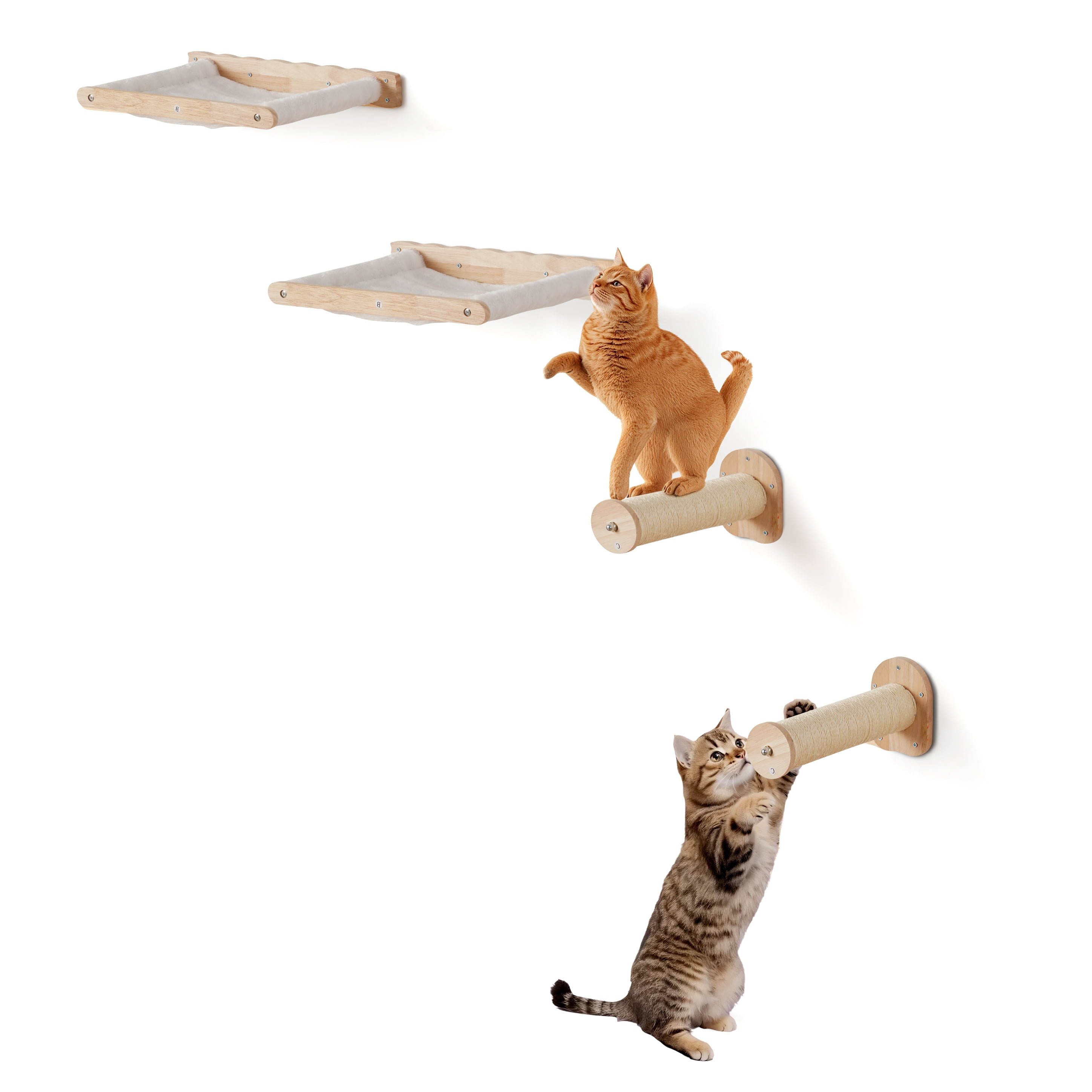 VEVOR Wall Mounted Cat Shelves, Cat Wall Shelves and Perches with Jumping Posts & Hammocks, Cat Furniture Set up to 40 lbs, Removable & Washable Coral Fleece for Sleeping, Playing, Climbing, Set of 4